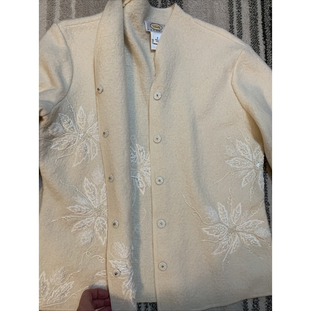Vintage Talbots 100% Boiled Wool Jacket Sz S Ivory Floral Embroidered Beaded - Picture 3 of 8